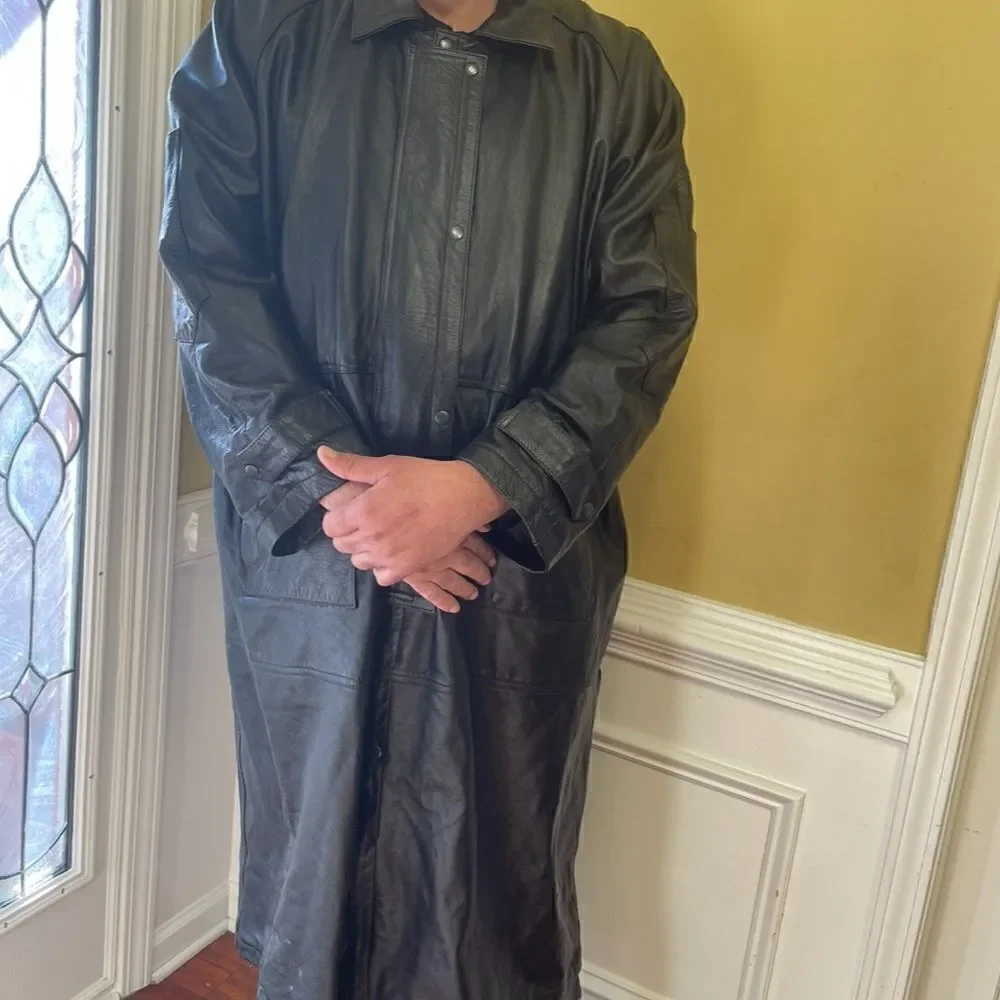 Genuine leather by Manzoor Black Men trench bicker coat snap  buttons SZXXXL